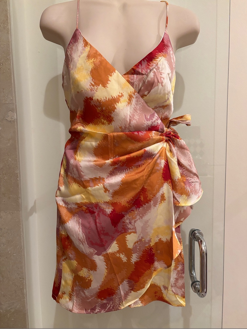 Princess Polly brand Angel Biba Multicolor Abstract Wrap Mini Dress